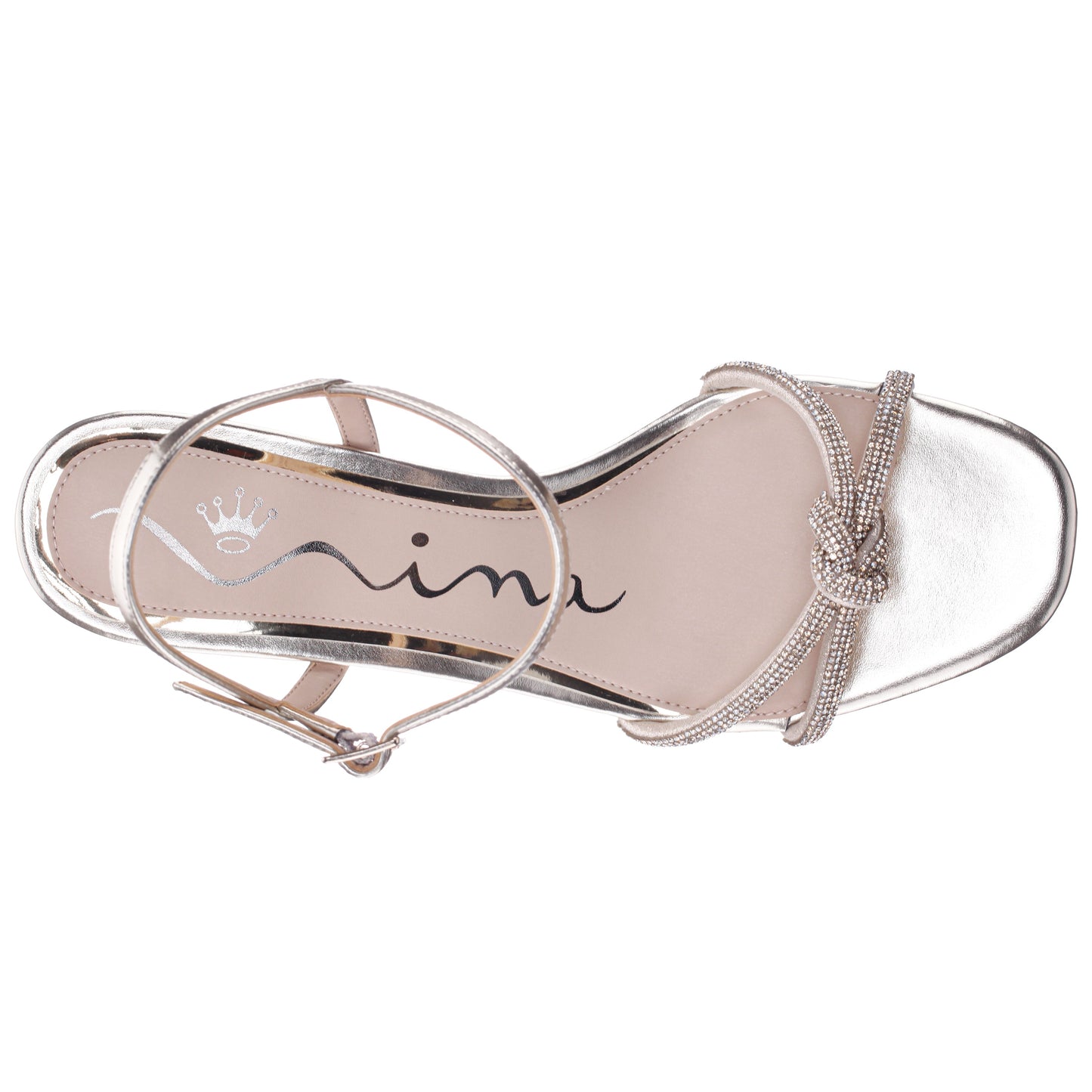 Nina Shoes Valeria Platino Glaze with Clear Rhinestone Knot on a Demi-Wedge with Ankle-Strap