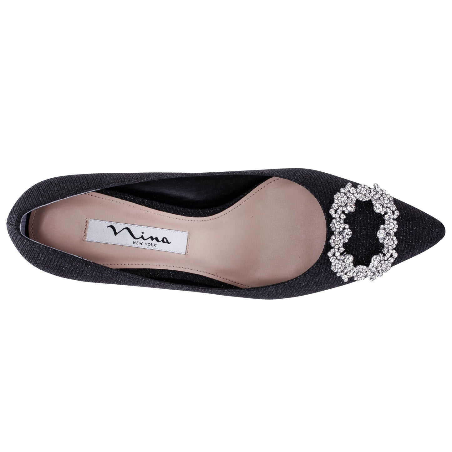 Nina Shoes Neya Black Textured Metallic Mid-Heel Pumps with Jeweled Buckle