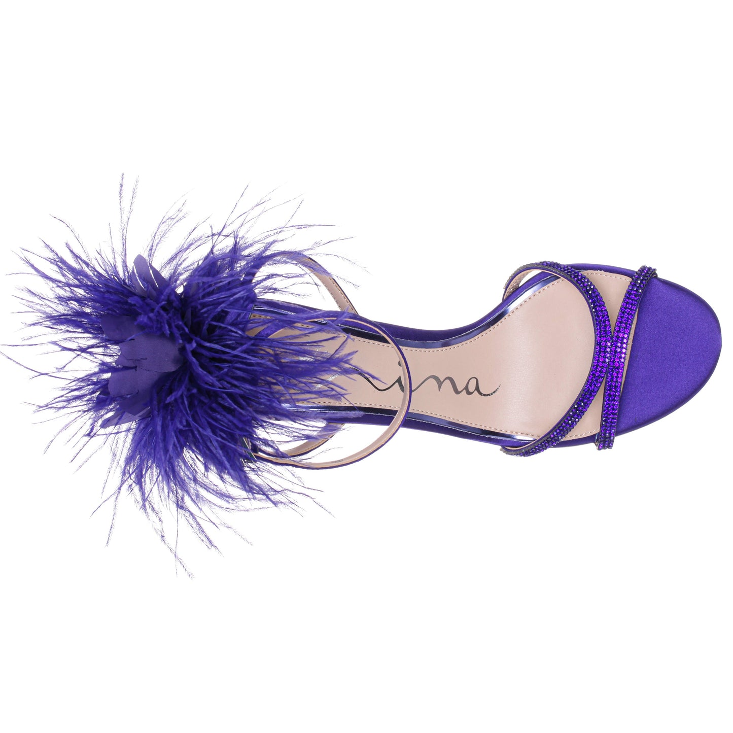 Nina Shoes Demi Purple Satin High-Heel Sandals with Matching Crystals, Feathers and Ankle Strap