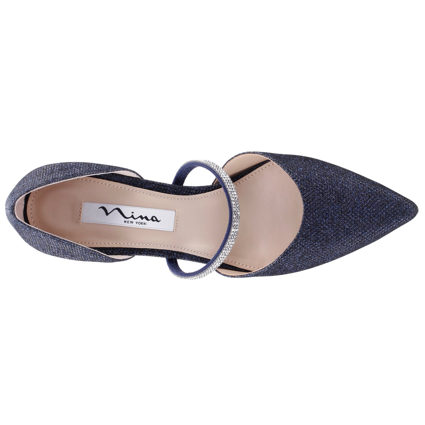 Nina Shoes Brystol Blue Textured Metallic with Crystal Band Mid-Heel D'Orsay Pumps