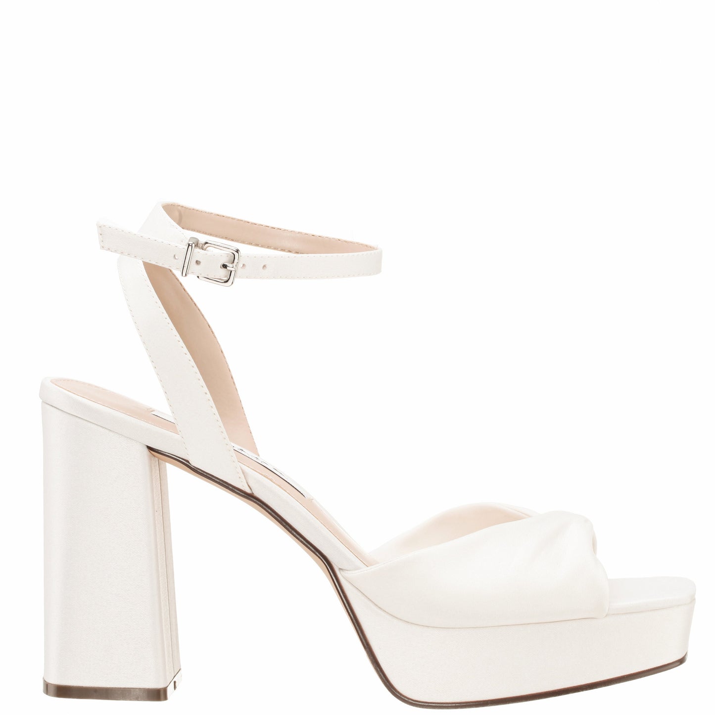 Nina Shoes Stacie White Satin Block-Heel Platform Sandals with Twist-Front and Ankle-Strap