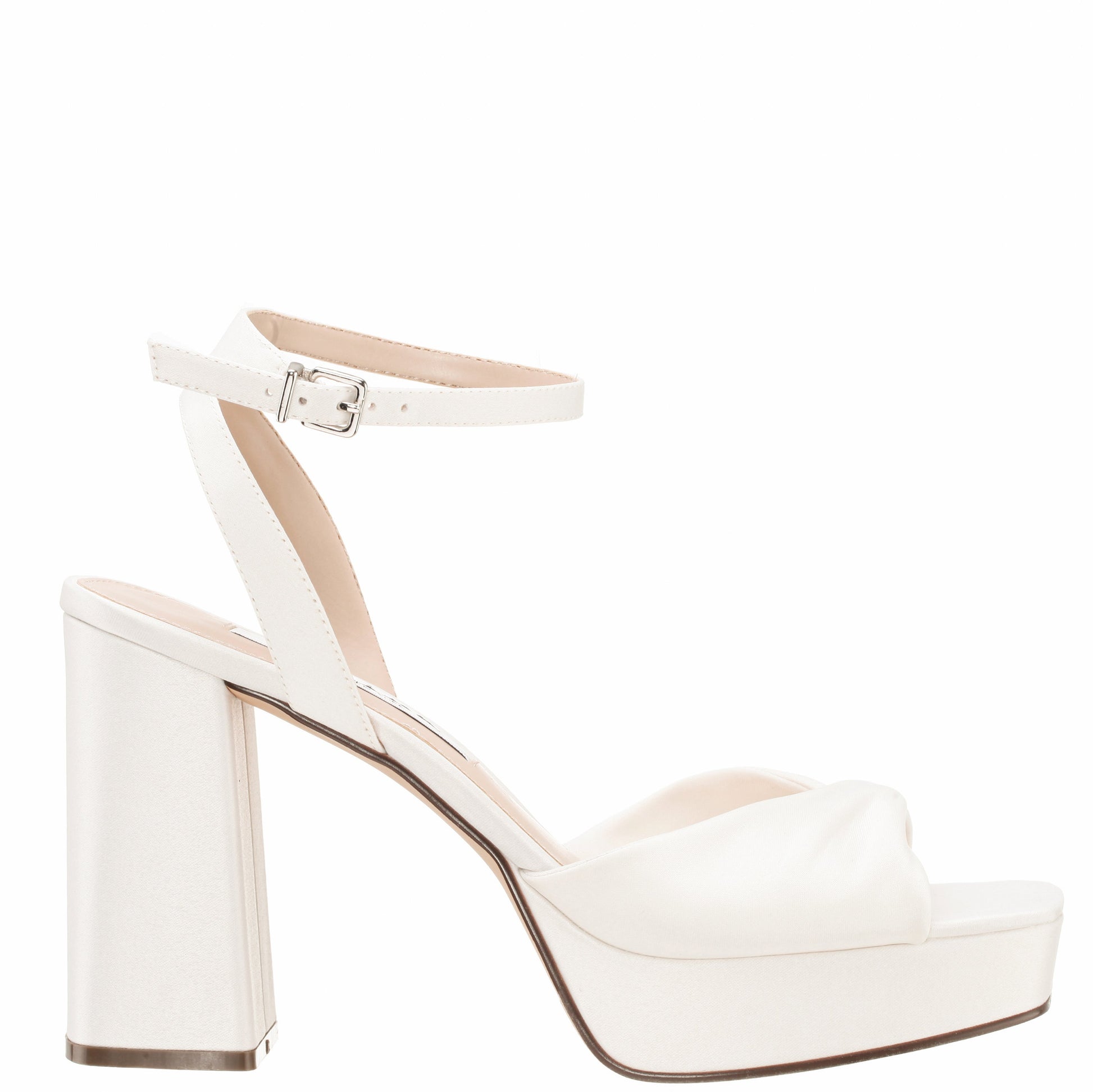 Nina Shoes Stacie White Satin Block-Heel Platform Sandals with Twist-Front and Ankle-Strap