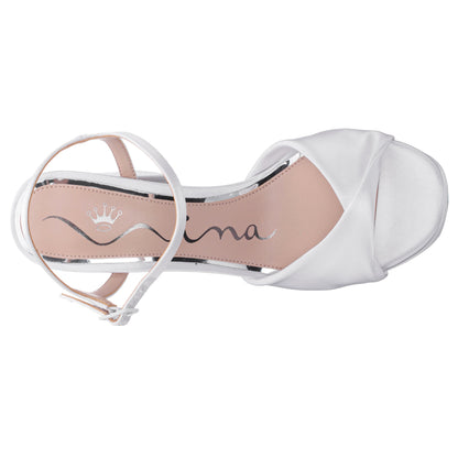 Nina Shoes Suzon White Satin Block Mid-Heel Platform Sandal