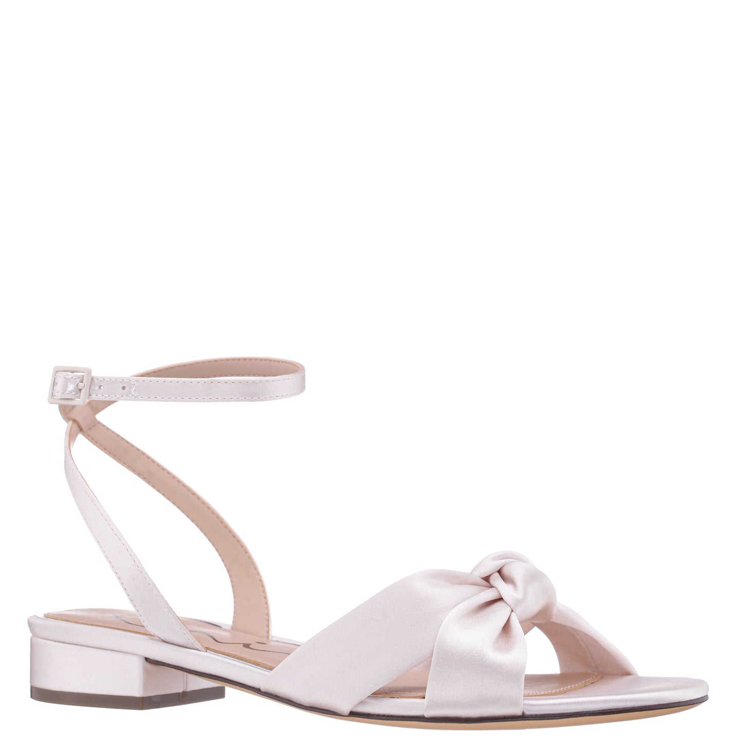 Nina Shoes Sulma White Satin Block-Heel Flat Sandals with Ankle-Strap