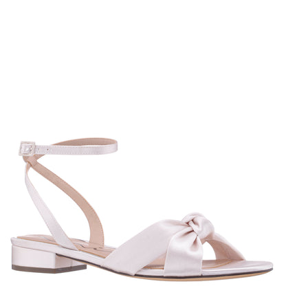 Nina Shoes Sulma White Satin Block-Heel Flat Sandals with Ankle-Strap