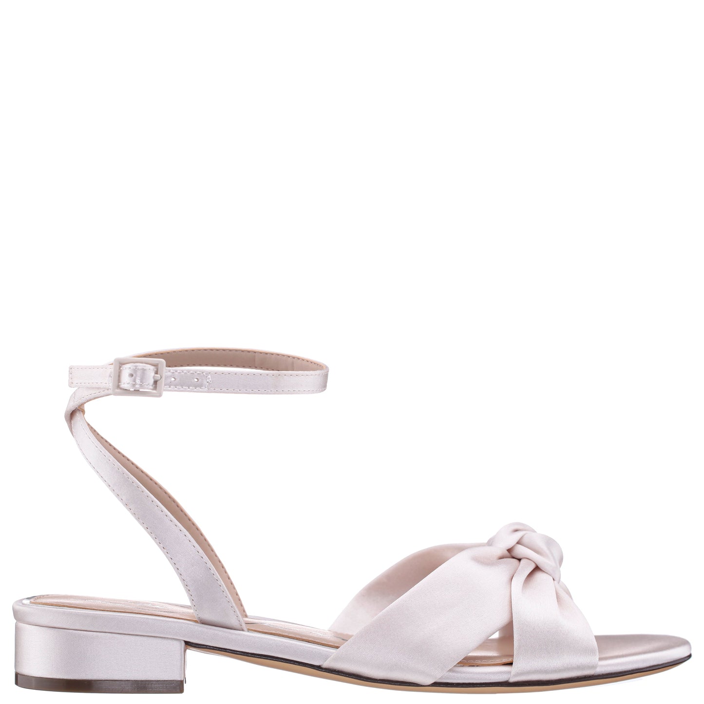 Nina Shoes Sulma White Satin Block-Heel Flat Sandals with Ankle-Strap
