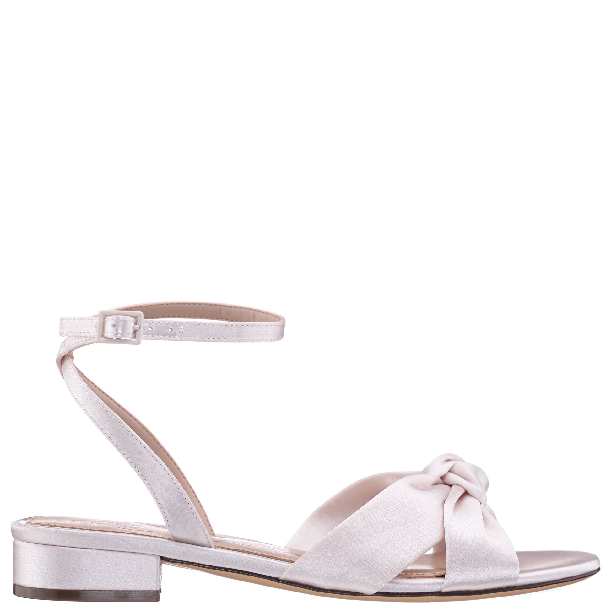 Nina Shoes Sulma White Satin Block-Heel Flat Sandals with Ankle-Strap