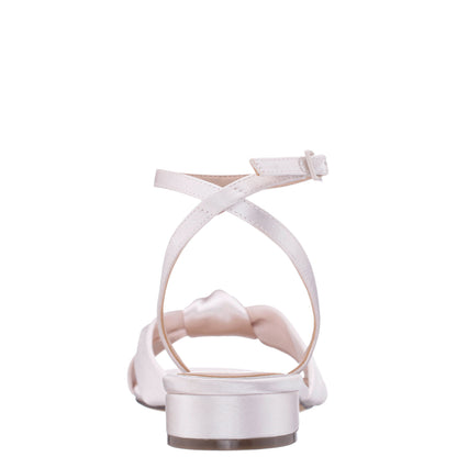 Nina Shoes Sulma White Satin Block-Heel Flat Sandals with Ankle-Strap