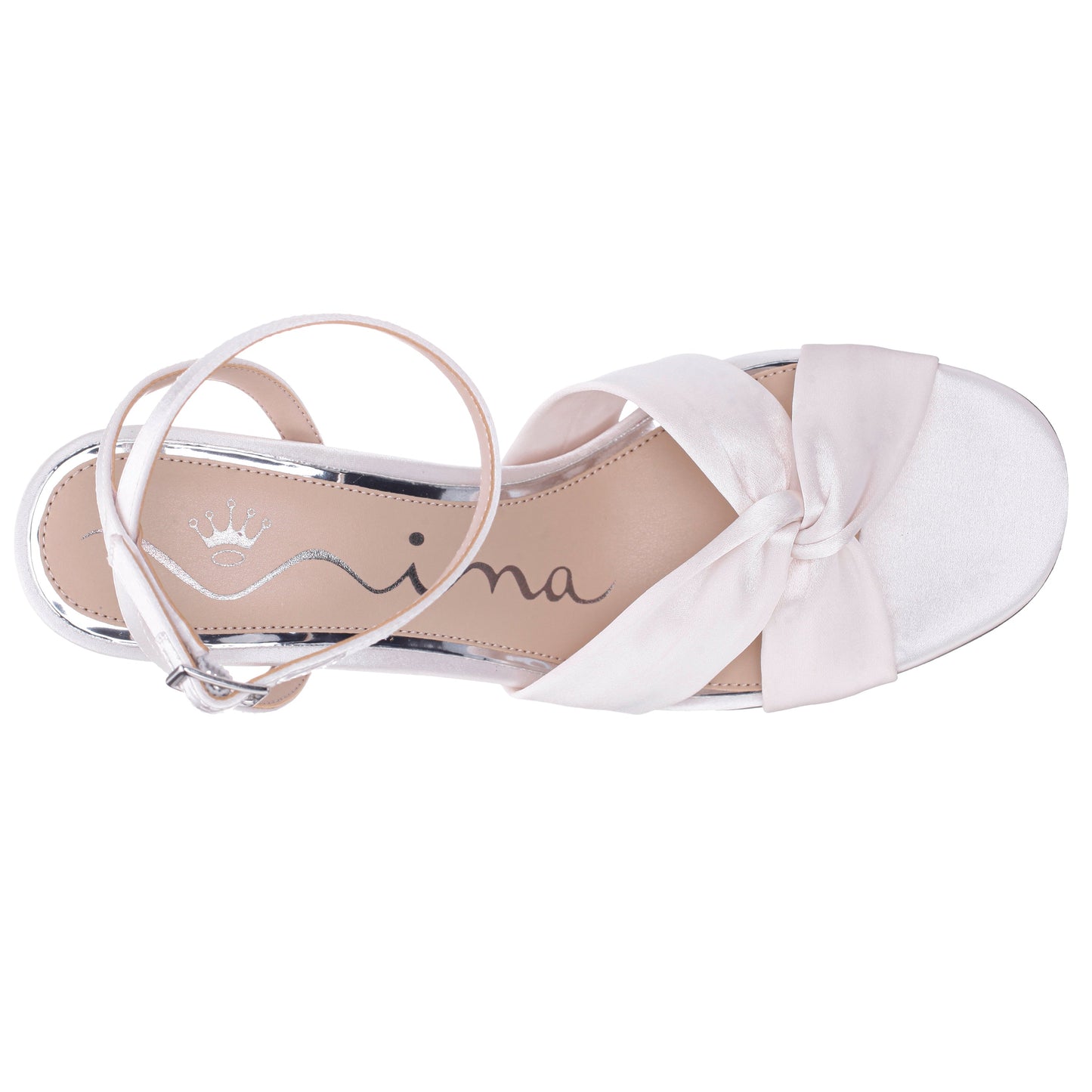 Nina Shoes Sulma White Satin Block-Heel Flat Sandals with Ankle-Strap