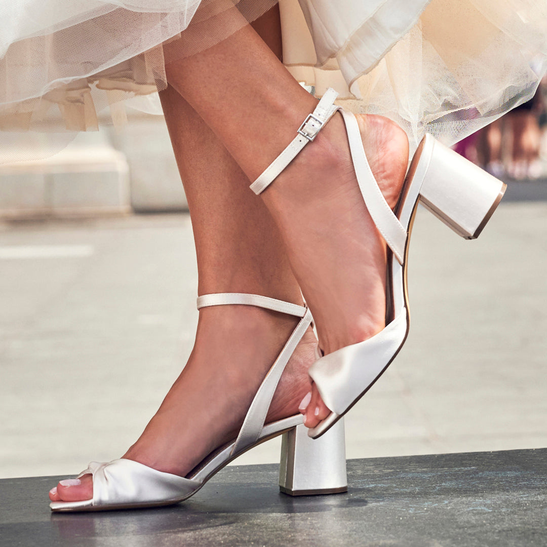 Nina Shoes Nigella White Satin Block-Heel Sandals with Ankle-Strap