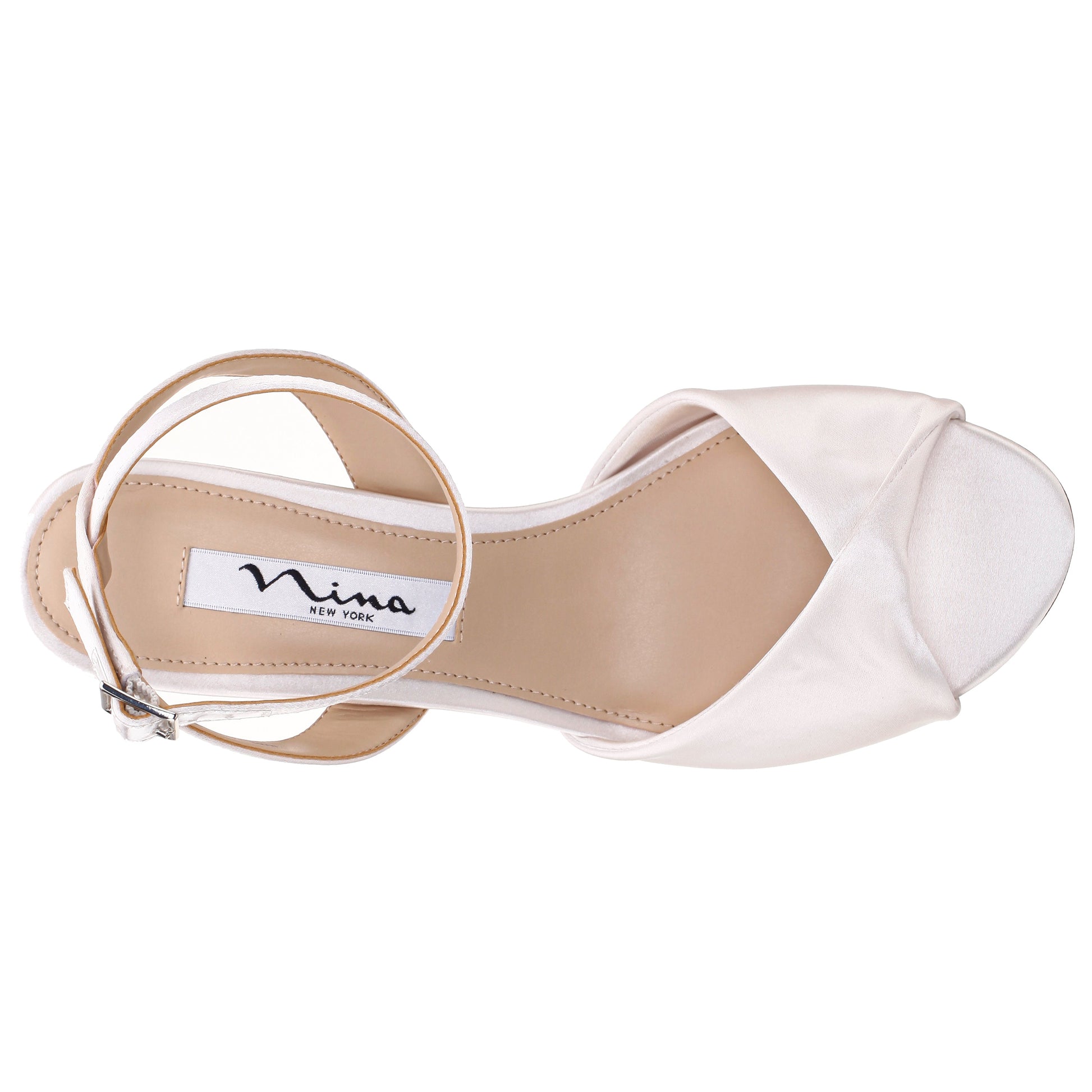 Nina Shoes Nigella White Satin Block-Heel Sandals with Ankle-Strap