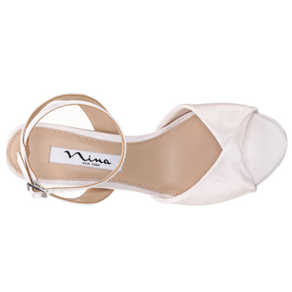 Nina Shoes Nigella White Satin Block-Heel Sandals with Ankle-Strap
