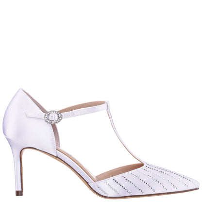 Nina Shoes Neddie White Satin T-strap Mid-Heel Pump