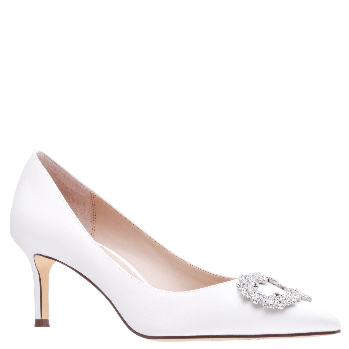 Nina Shoes Neya White Satin Mid-Heel Pumps with Jeweled Buckle