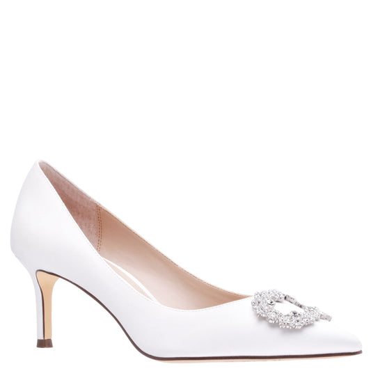 Nina Shoes Neya White Satin Mid-Heel Pumps with Jeweled Buckle