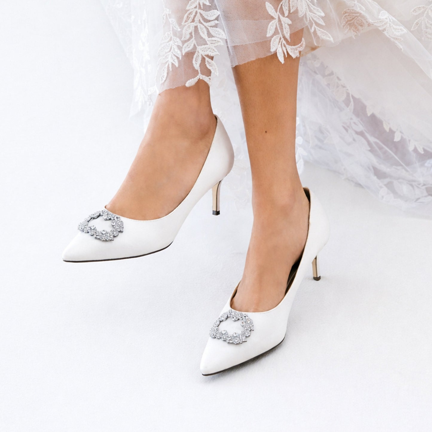 Nina Shoes Neya White Satin Mid-Heel Pumps with Jeweled Buckle