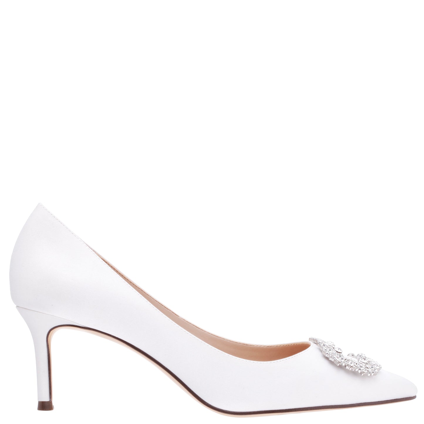 Nina Shoes Neya White Satin Mid-Heel Pumps with Jeweled Buckle