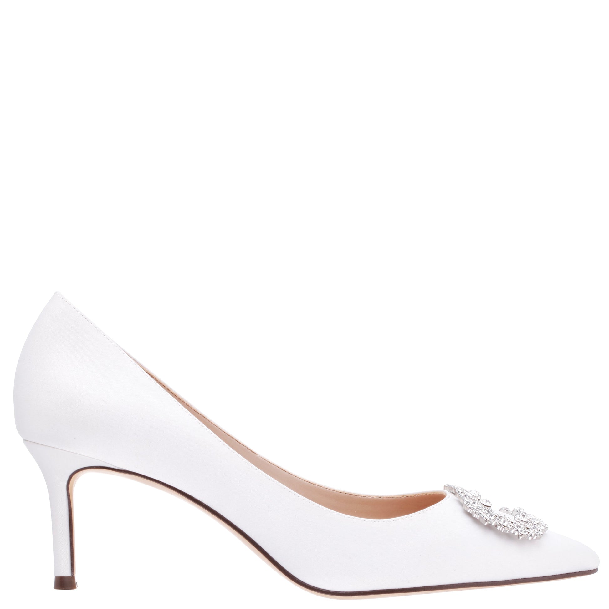 Nina Shoes Neya White Satin Mid-Heel Pumps with Jeweled Buckle