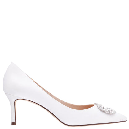 Nina Shoes Neya White Satin Mid-Heel Pumps with Jeweled Buckle