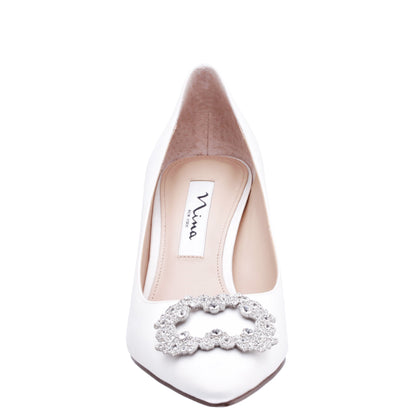 Nina Shoes Neya White Satin Mid-Heel Pumps with Jeweled Buckle