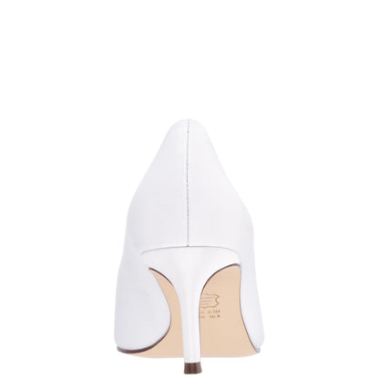 Nina Shoes Neya White Satin Mid-Heel Pumps with Jeweled Buckle