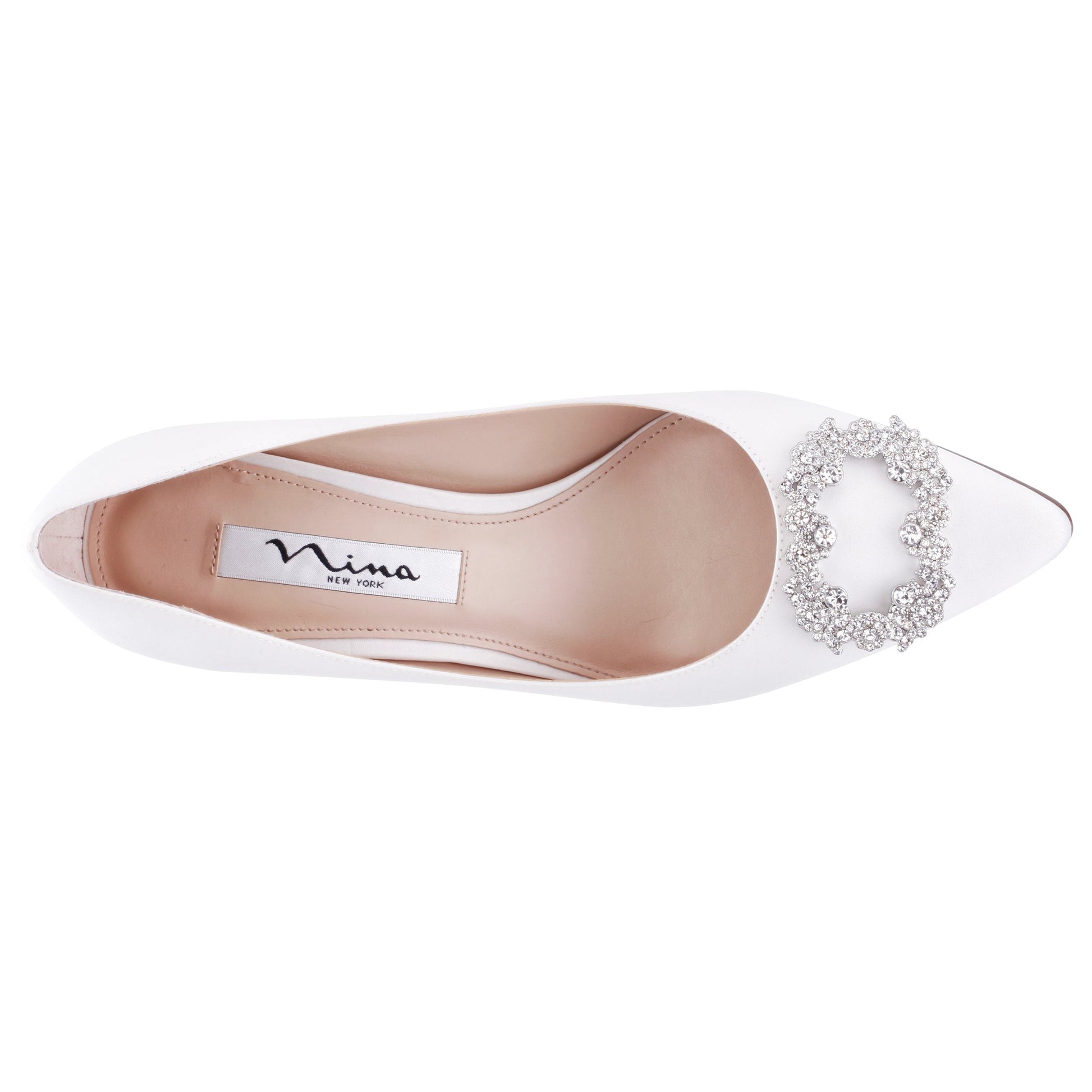 Nina Shoes Neya White Satin Mid-Heel Pumps with Jeweled Buckle
