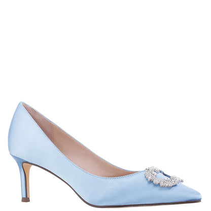 Nina Shoes Neya Blue Satin Mid-Heel Pumps with Jeweled Buckle