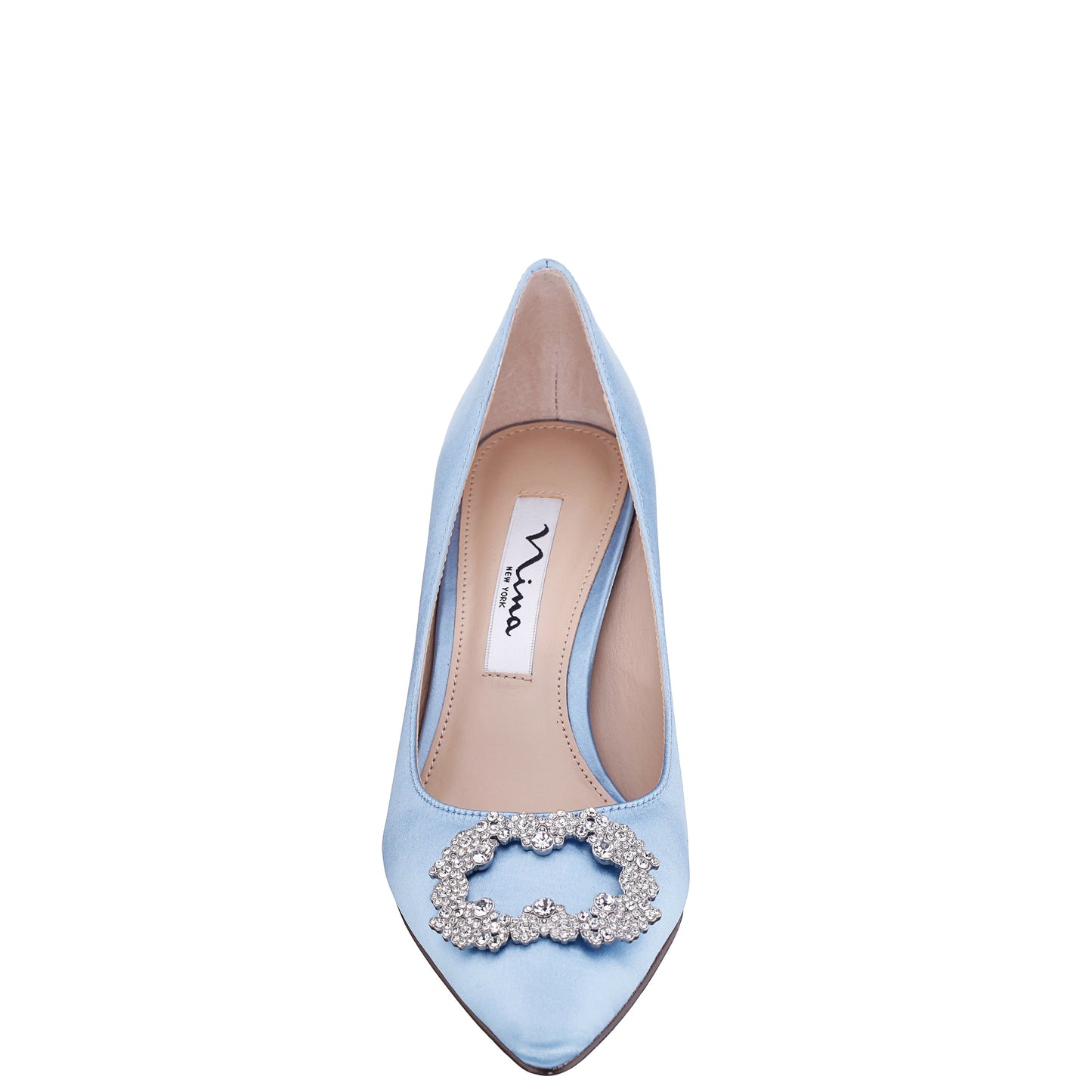 Nina Shoes Neya Blue Satin Mid-Heel Pumps with Jeweled Buckle