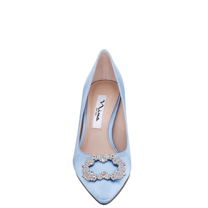 Nina Shoes Neya Blue Satin Mid-Heel Pumps with Jeweled Buckle