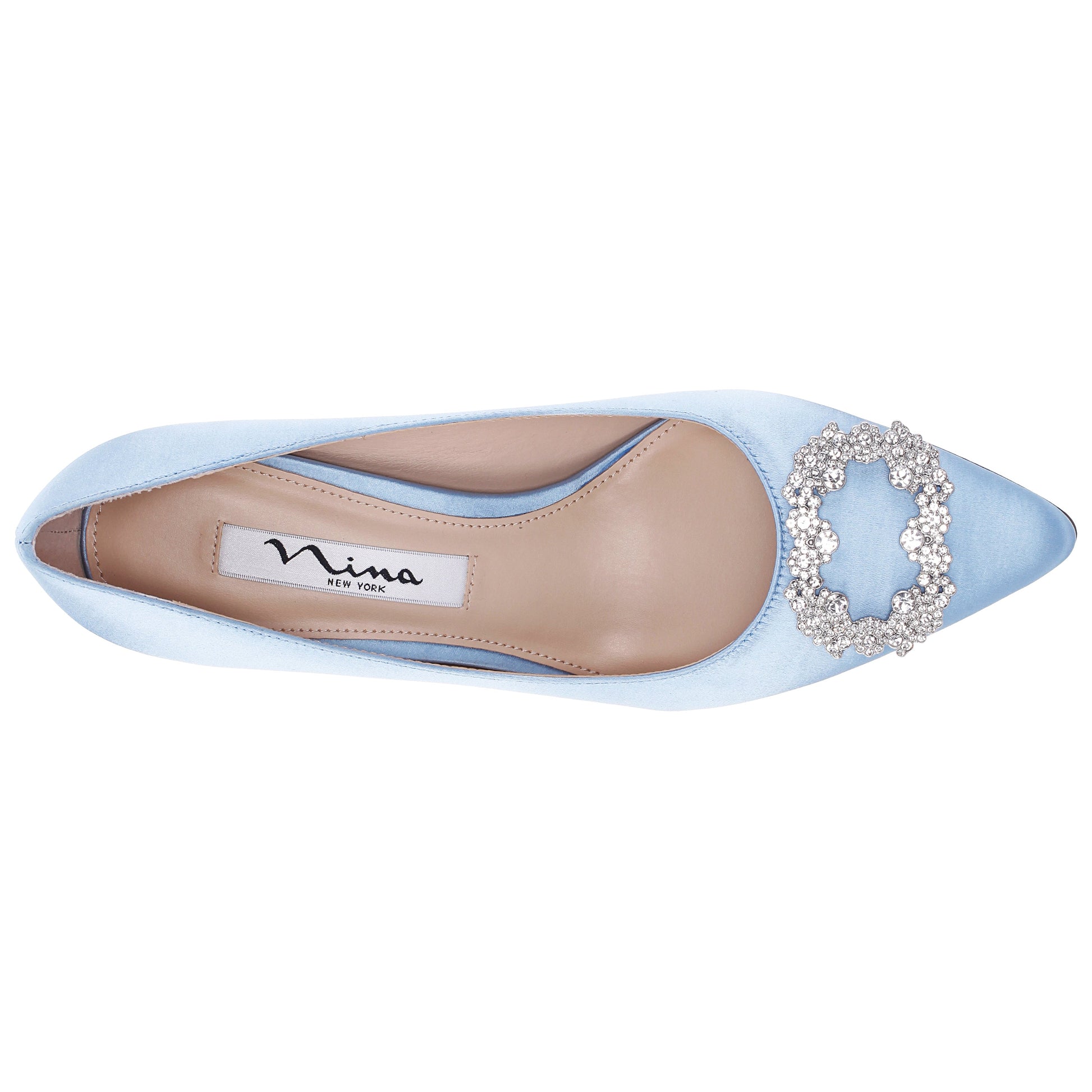 Nina Shoes Neya Blue Satin Mid-Heel Pumps with Jeweled Buckle
