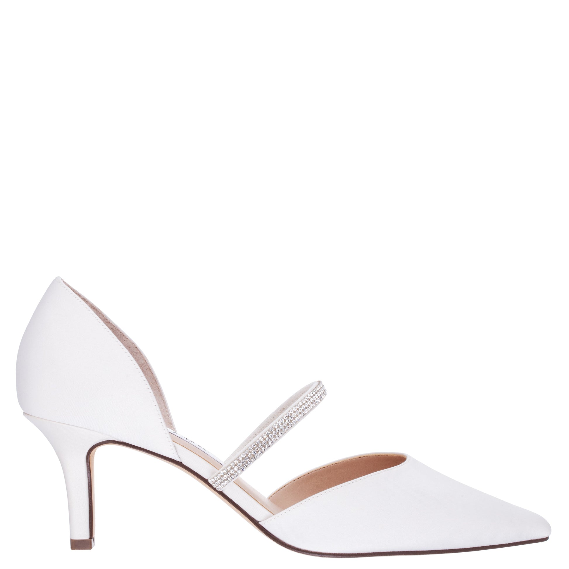 Nina Shoes Brystol White Satin with Crystal Band Mid-Heel D'Orsay Pumps