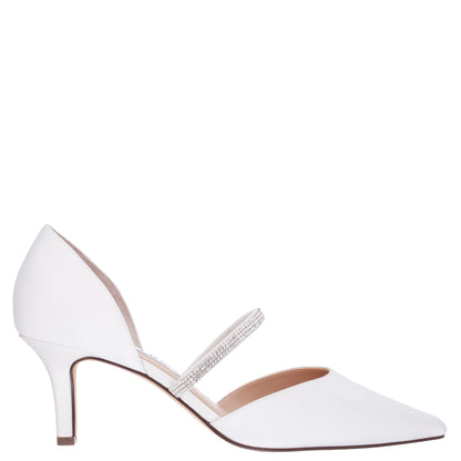 Nina Shoes Brystol White Satin with Crystal Band Mid-Heel D'Orsay Pumps