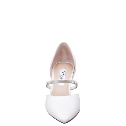 Nina Shoes Brystol White Satin with Crystal Band Mid-Heel D'Orsay Pumps