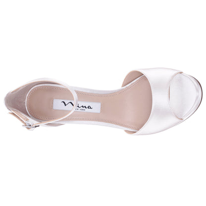 Nina Shoes Famia White Satin Stiletto Platform Sandals with Ankle-Strap