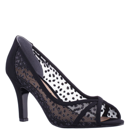 Nina Shoes Flavia Black Satin Mid-Heel Peep Toe Pump
