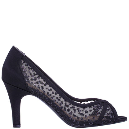 Nina Shoes Flavia Black Satin Mid-Heel Peep Toe Pump