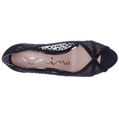Nina Shoes Flavia Black Satin Mid-Heel Peep Toe Pump