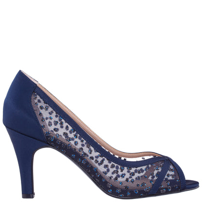 Nina Shoes Flavia Blue Satin Mid-Heel Peep Toe Pump
