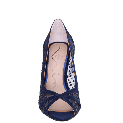 Nina Shoes Flavia Blue Satin Mid-Heel Peep Toe Pump