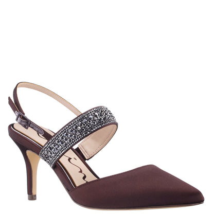 Nina Shoes Trista Brown Satin Sling Back Mid-Heel Pumps