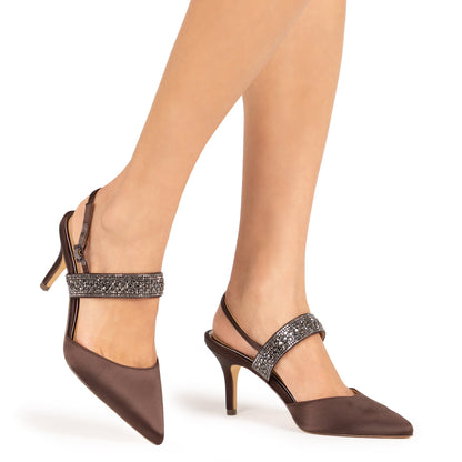 Nina Shoes Trista Brown Satin Sling Back Mid-Heel Pumps