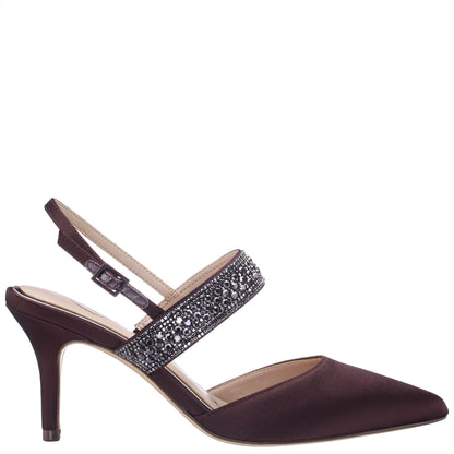 Nina Shoes Trista Brown Satin Sling Back Mid-Heel Pumps