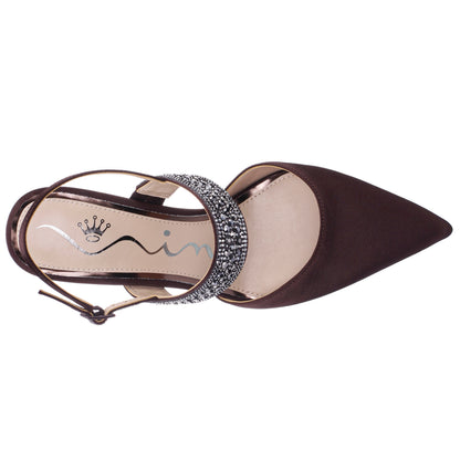 Nina Shoes Trista Brown Satin Sling Back Mid-Heel Pumps