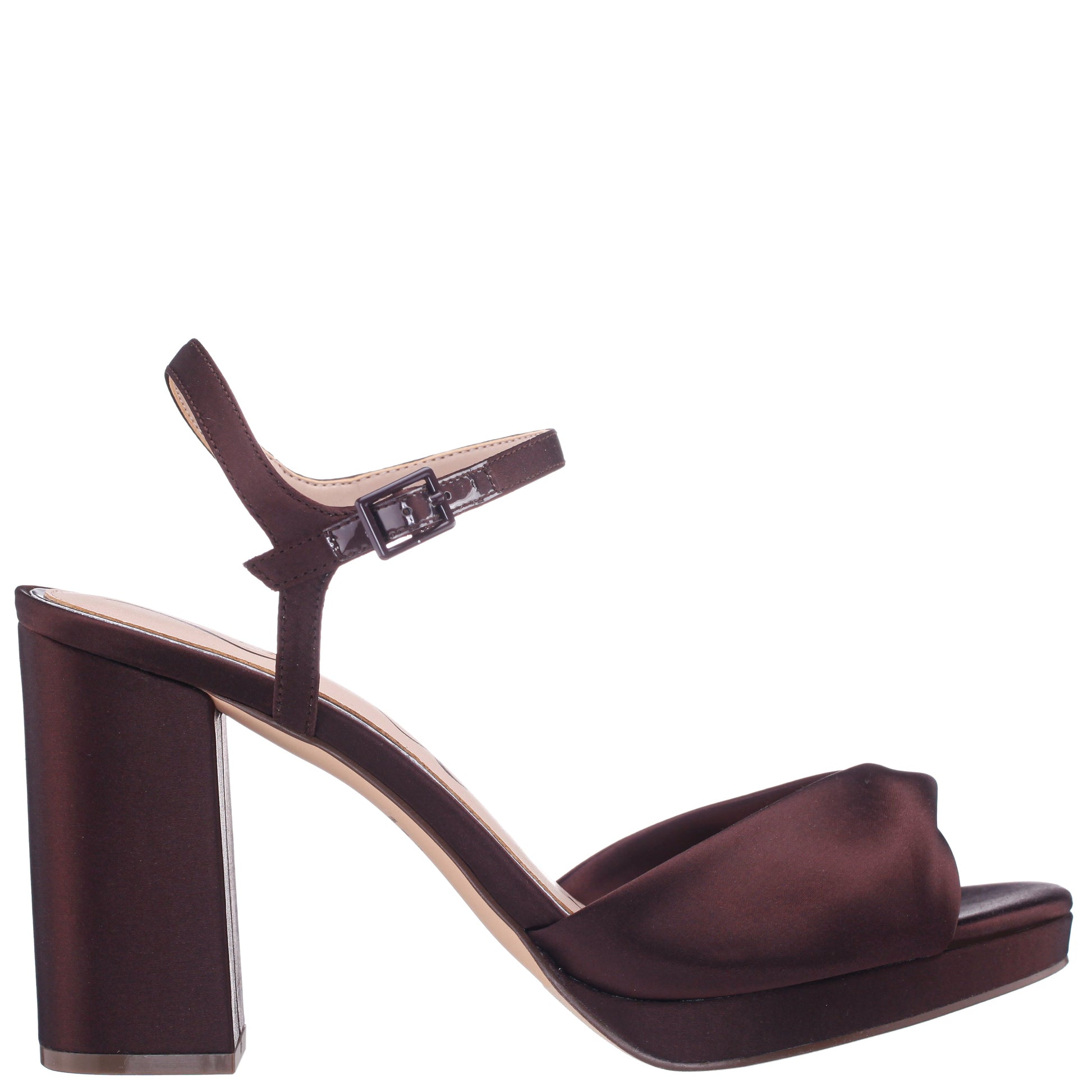 Nina Shoes Suzon Brown Satin Block Mid-Heel Platform Sandal