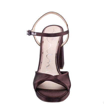Nina Shoes Suzon Brown Satin Block Mid-Heel Platform Sandal