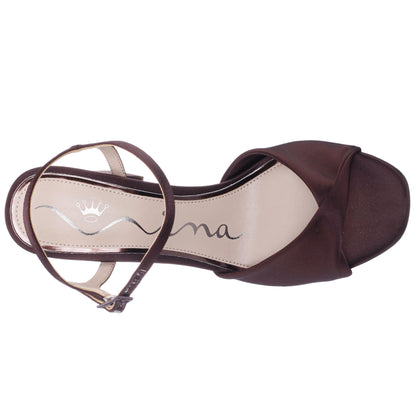 Nina Shoes Suzon Brown Satin Block Mid-Heel Platform Sandal