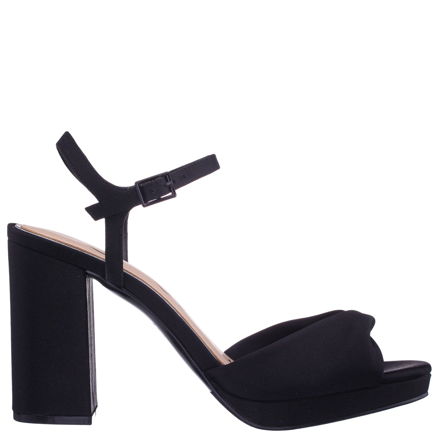 Nina Shoes Suzon Black Satin Block Mid-Heel Platform Sandal