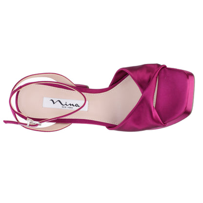 Nina Shoes Stacie Red Satin Block-Heel Platform Sandals with Twist-Front and Ankle-Strap