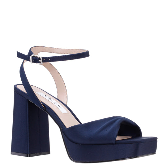 Nina Shoes Stacie Blue Satin Block-Heel Platform Sandals with Twist-Front and Ankle-Strap