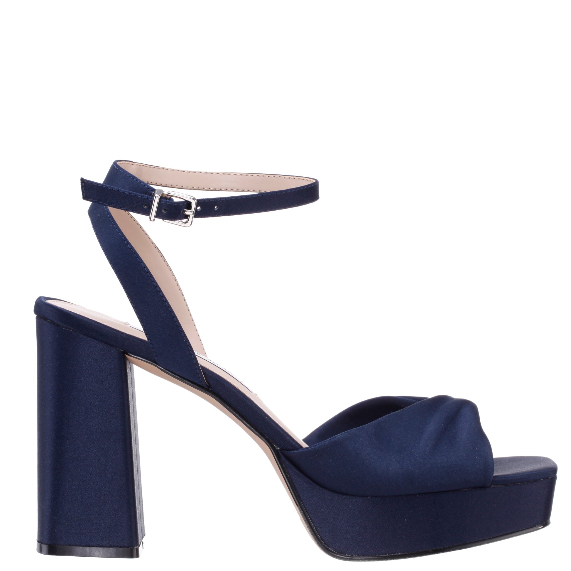 Nina Shoes Stacie Blue Satin Block-Heel Platform Sandals with Twist-Front and Ankle-Strap